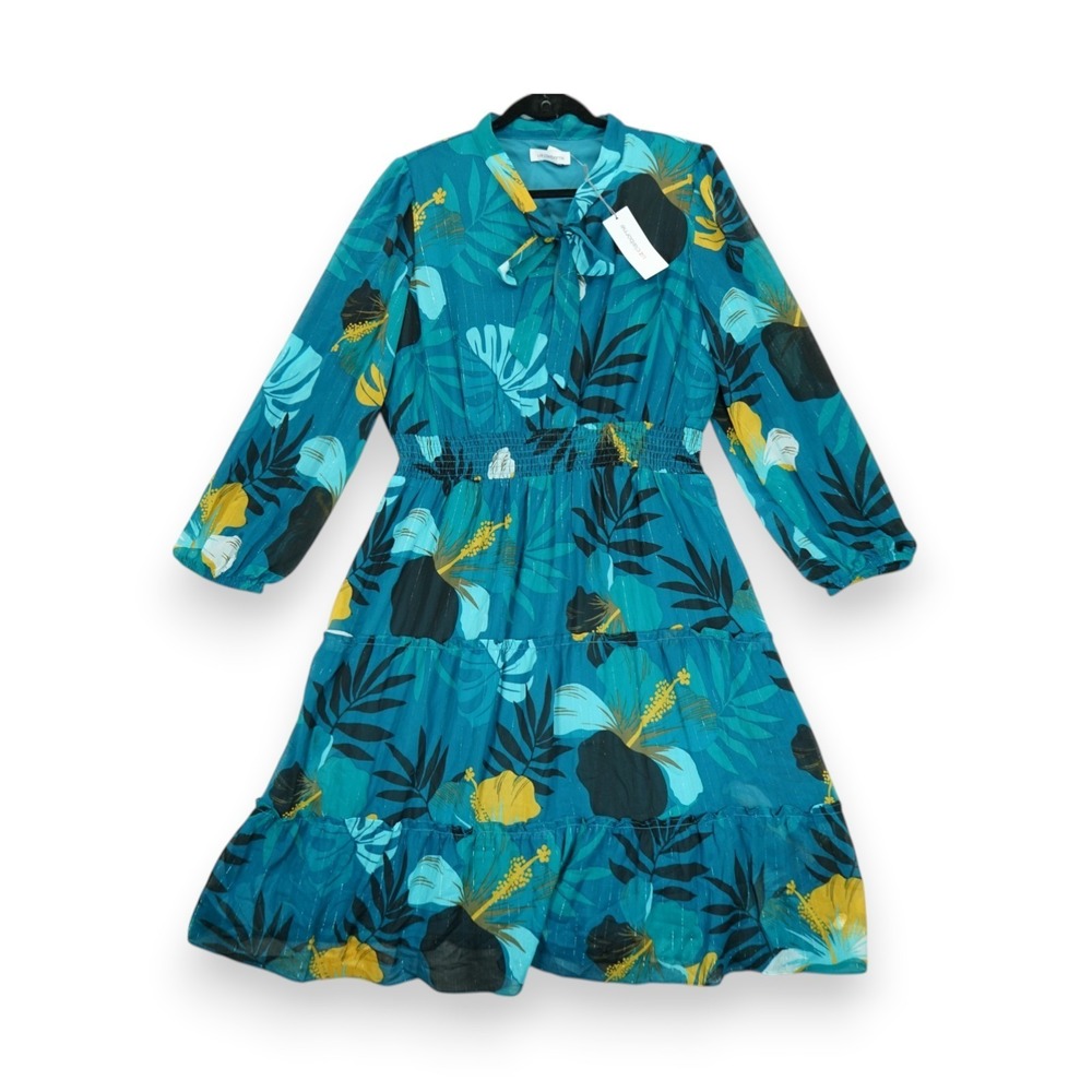 NWT Liz Clairbone Dress Size 16 Floral Lagoon Tropical Long Sleeves Knee Length